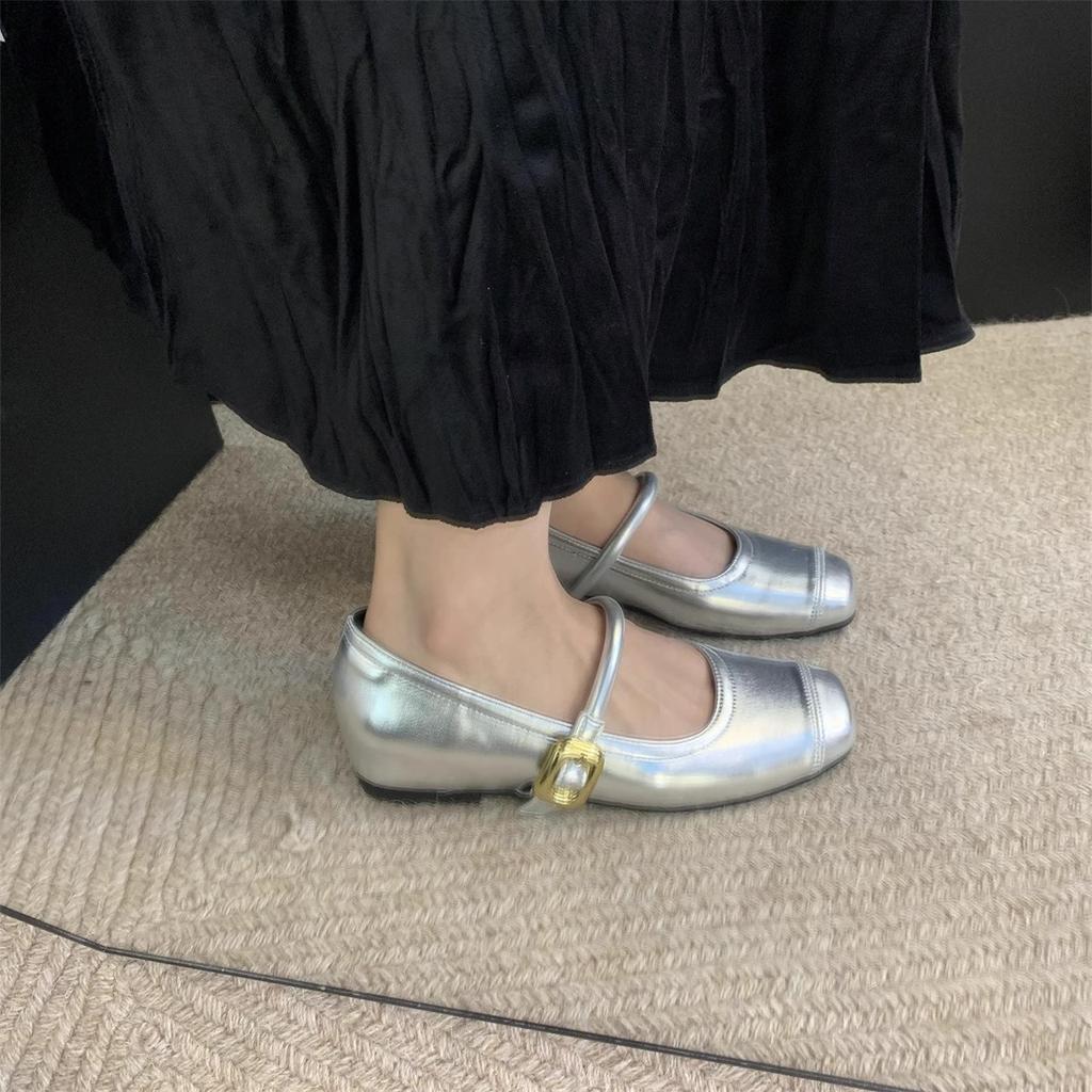 Small Inner Height Increase Leather Shoes Silver Mary Jane Shoes Women's Spring 2025 New French Round Head Light Mouth Single Shoes
