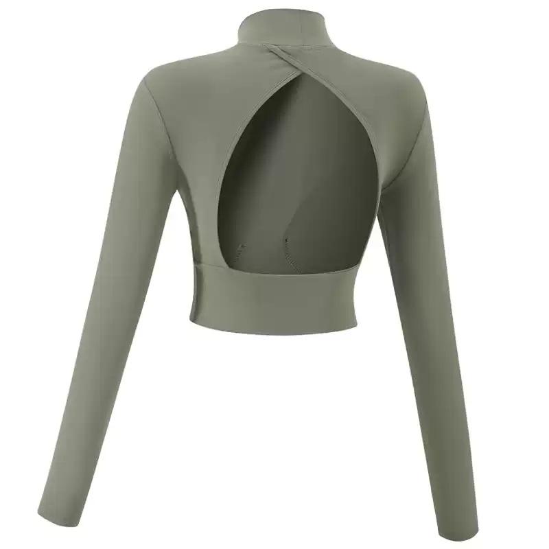 

Топ для йоги с высоким воротом, вырезами и длинными рукавами, с нагрудными вкладышами - Женская одежда для фитнеса на весну и осень M армия зеленый