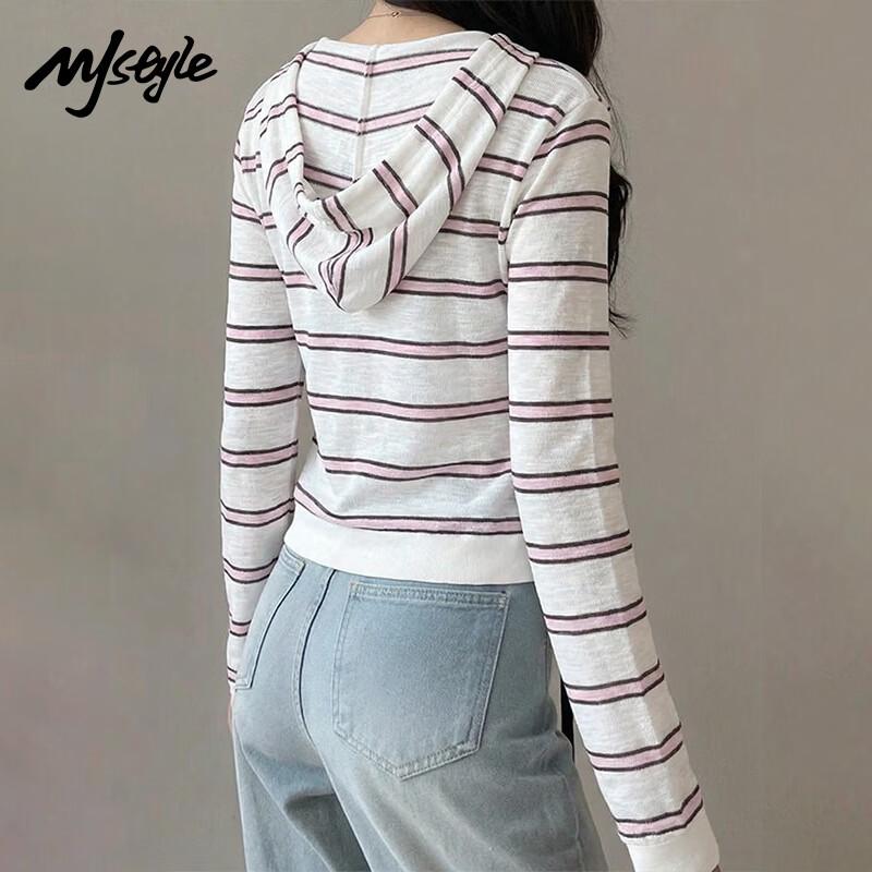 

MJ STYLE Women s Striped Short Hooded Cardigan M