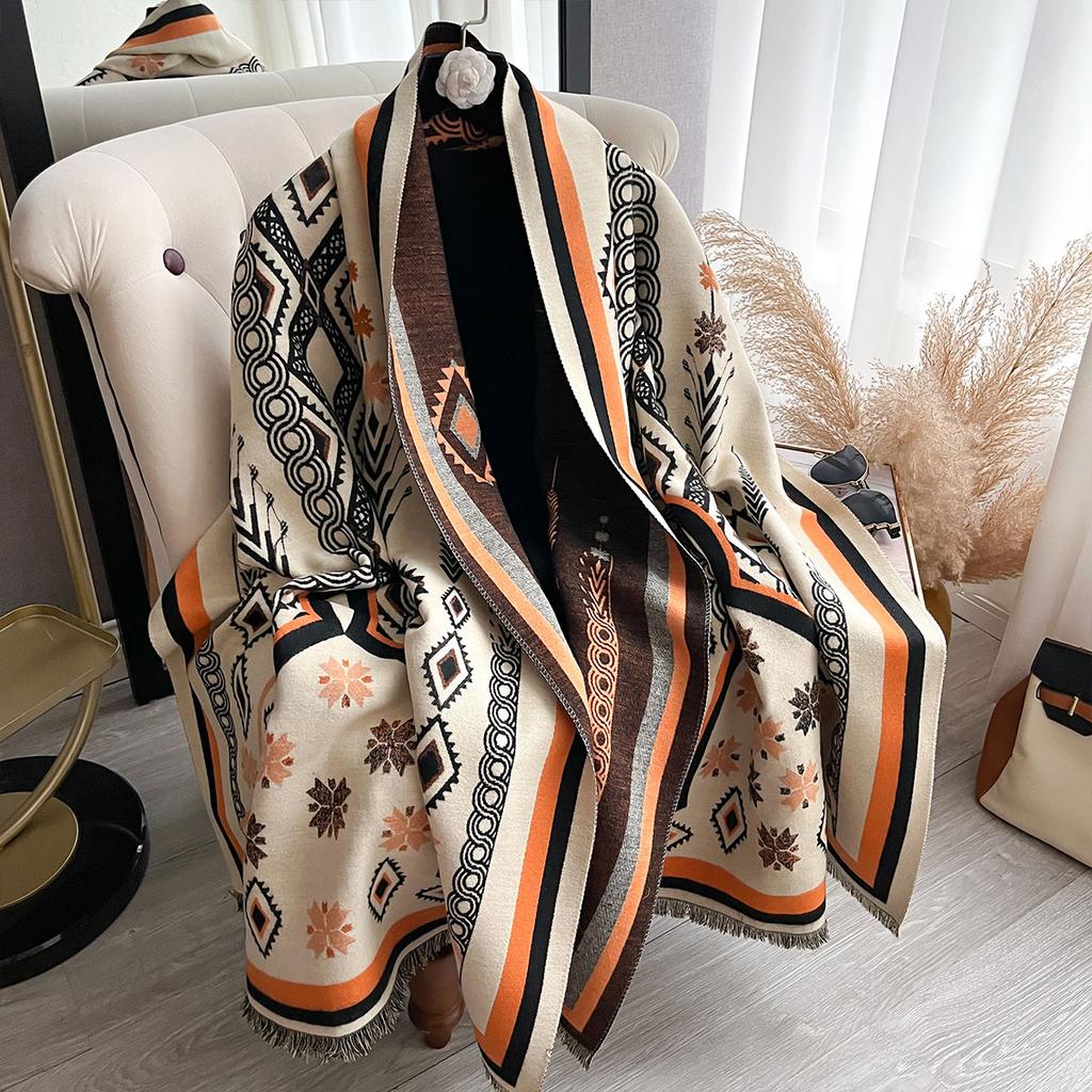 Winter Luxury Ladies' Imitation Cashmere Geometric Pattern Thicken Warm Scarf Shawl Pashmina Wrap Blanket