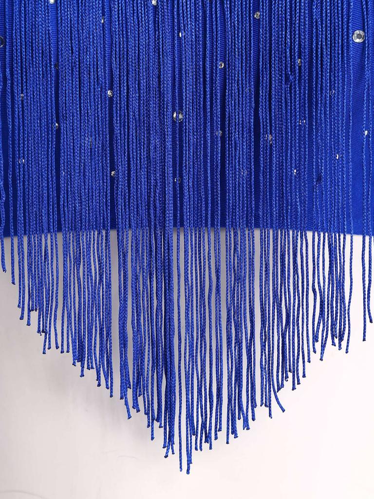 Womens Salsa Dance Top Latin Performance Wear V Neck Sleeveless Crop Top Crisscross Back Fringe Detail