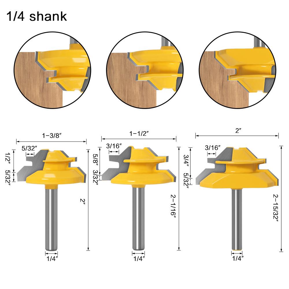 

1/2 Shank 1/4 Shank 45 Degree Mortise Cutter Woodworking Cutter Puzzle Cutter Wood Milling Cutter Line Cutter Right Angle Cutter 3-Piece set of 45 degree mortise knife 1/4 handle