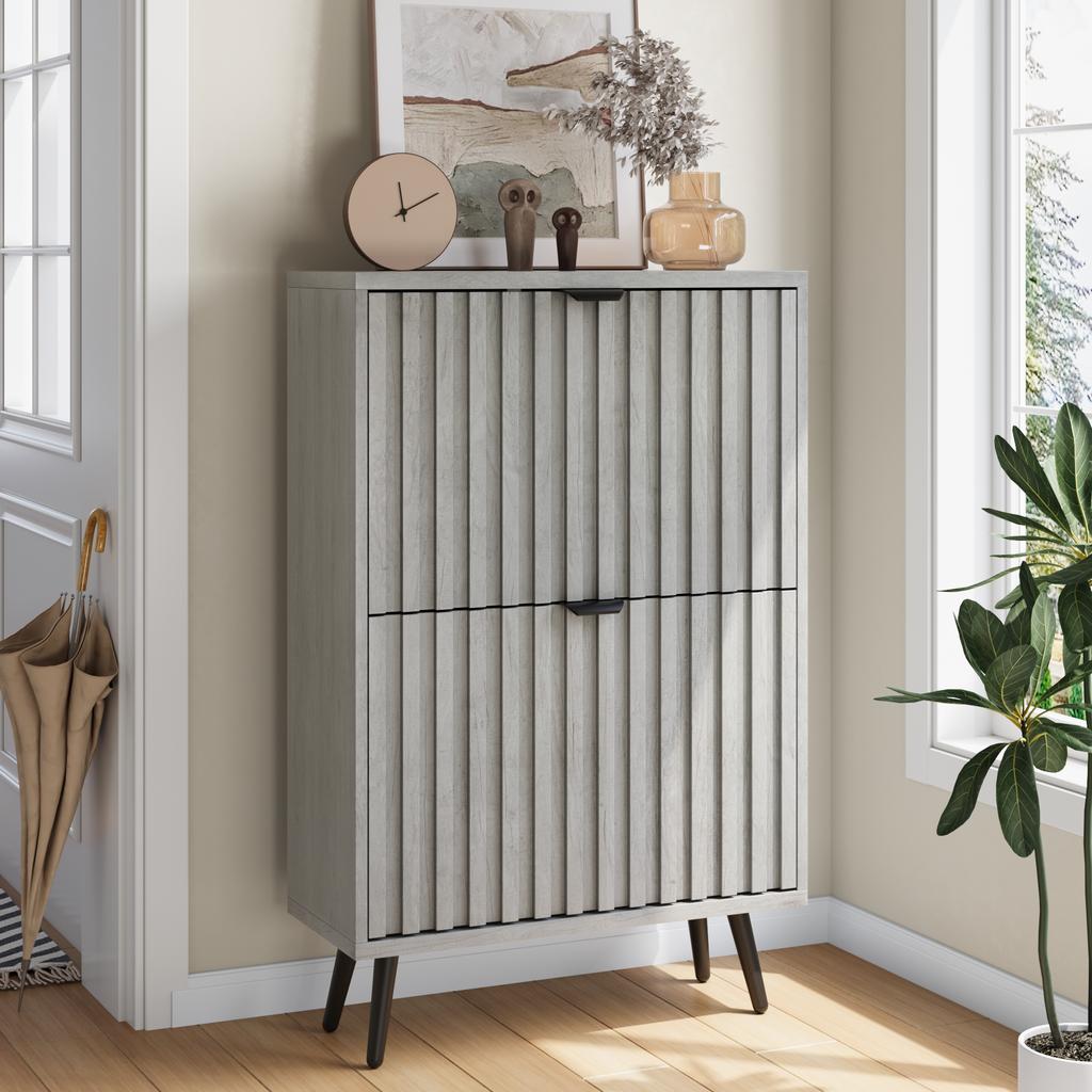 A Hidden Shoe Cabinet with a 60cm Grey Grooved Design and 2 Flip Drawers, Free-Standing, for Entryways, Hallways, Living Rooms and Closets