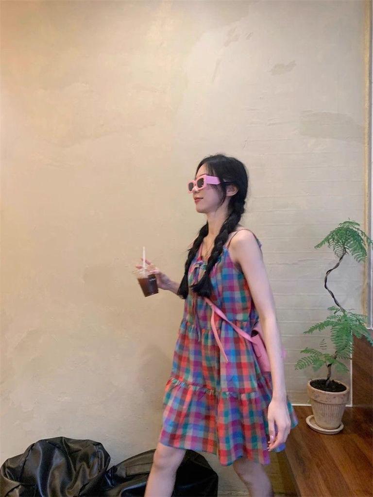Korean Rainbow Plaid Suspender Dress - Women's Summer Sweet Loose Fit