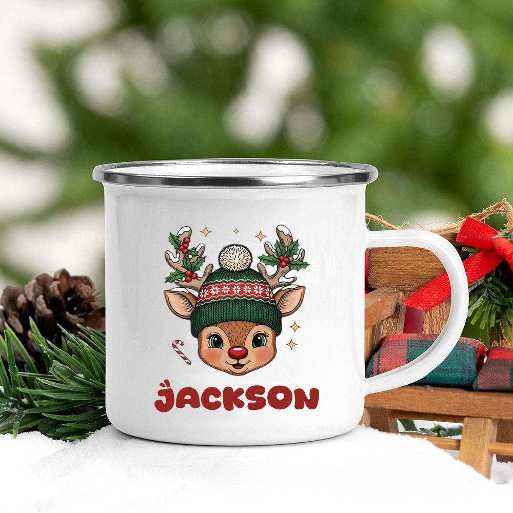 Personalized Cute Pattern Enamel Mugs Custom Name Printed Handle Cups Hot Chocolate Coffee Tee Cup ChristmasGifts