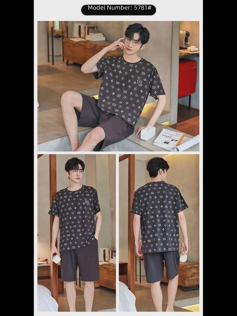 Men's Cartoon Cotton Pajama Set: Summer Striped, Round Neck, Short Sleeves, Shorts, Large Sizes.