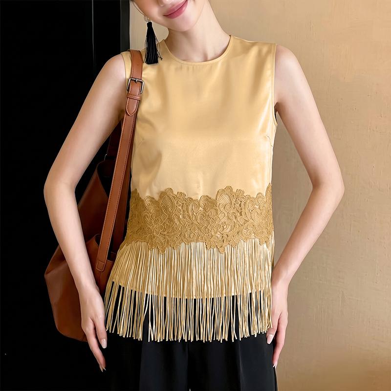 ZANZEA Women Casual Round Neck Lace Tassel Splice Loose Sleeveless Tank Tops