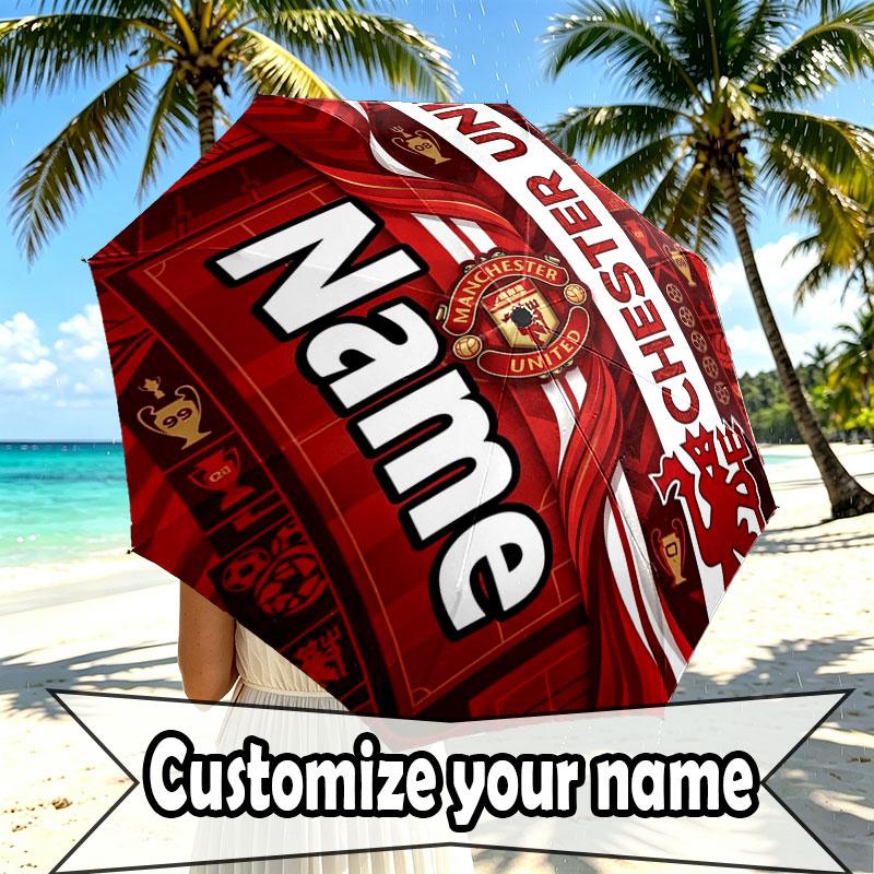 Custom Name Personalized Manchester United Print Umbrella, Auto Open Close, 8‑Rib Sturdy Frame, Commute Camping Hiking Use, Birthday Gift