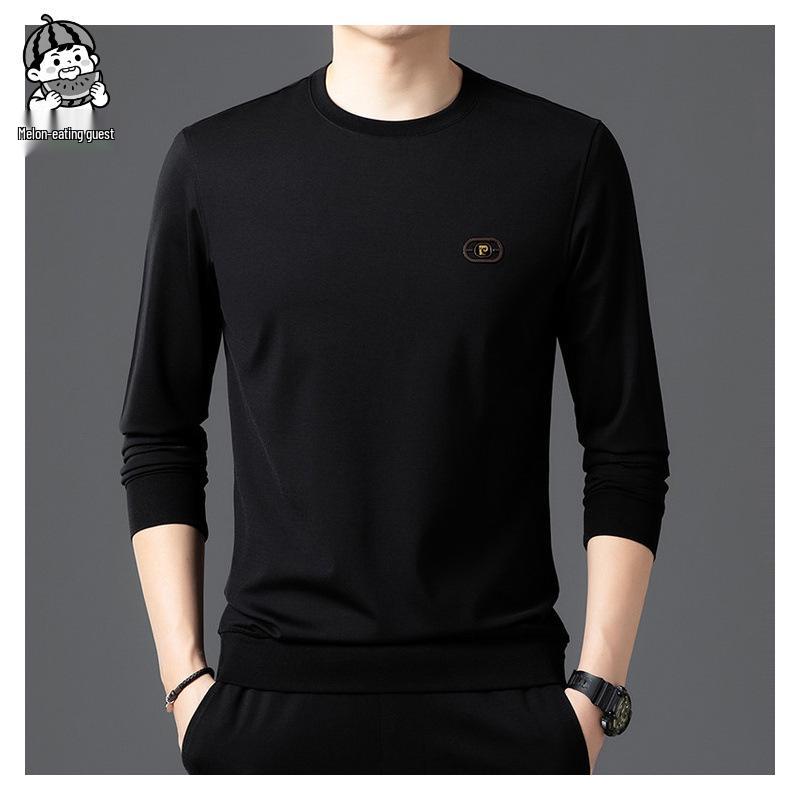 Men's Slim Fit Long-Sleeve T-Shirt, Round Neck, Solid Color, Roma Fabric, Pullover, Printed Sweatshirt