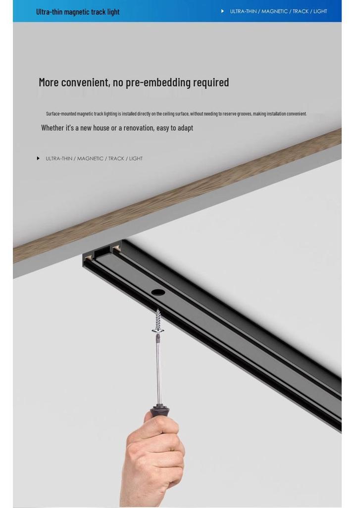 Smart Thin Surface-Mount Track Light for Living Room - No Main Light, Dimming, Adjustable Color Temperature, Magnetic Lamp