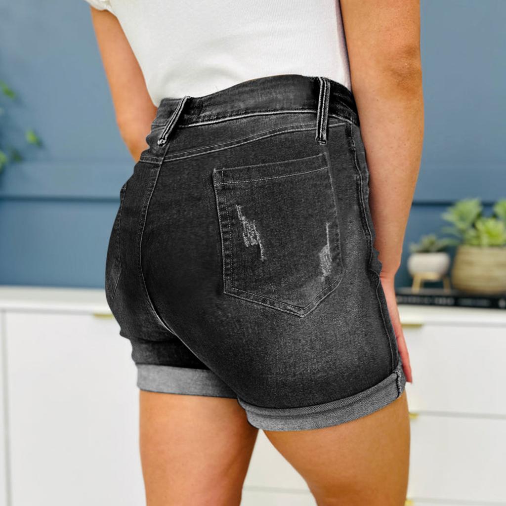 High Waist Elastic Waist Mid Length Shorts-Casual High Waisted Denim Shorts,Stretch Jean Shorts With Adorable Double Pockets