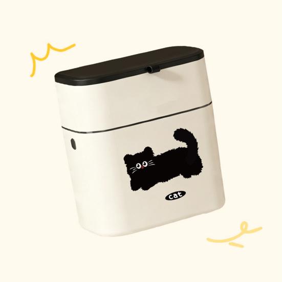 Garbage Can One-Hand Operation Sliding And Lifting Cover Dual Opening Way Trash Bin with Black Cat Print Trash Can for Kitchen Cabinet