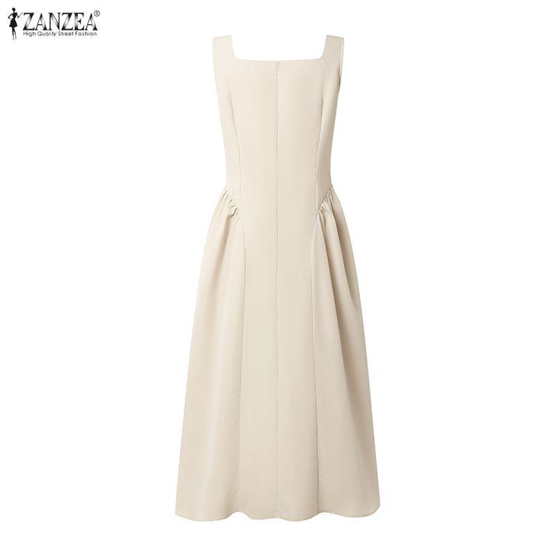 ZANZEA Women Elegant Square Collar Casual Sleeveless Midi Dress