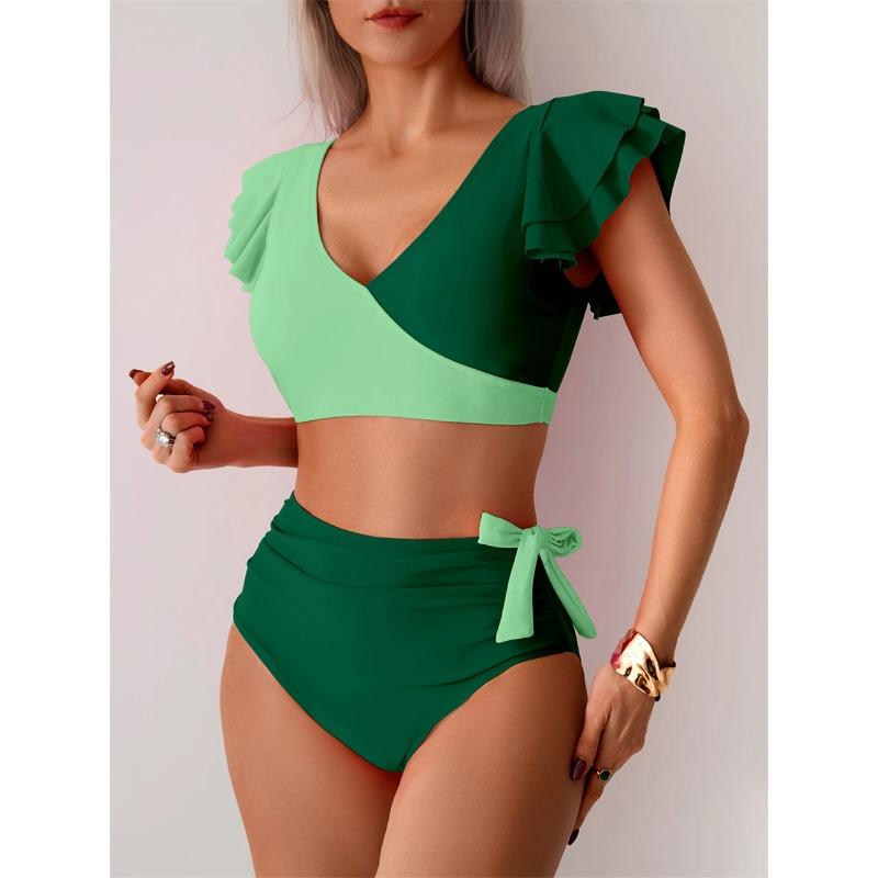 Color Patchwork Bikini Set Ruffle Trim Swimsuit Women New Fashion Swimwear Female Bathers Bathing Swimming Suit Beach 2 Pec