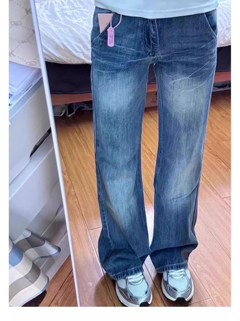 Plus Size Retro Flare Jeans for Women - Slimming Low Waist, Straight Wide Leg, Floor Length
