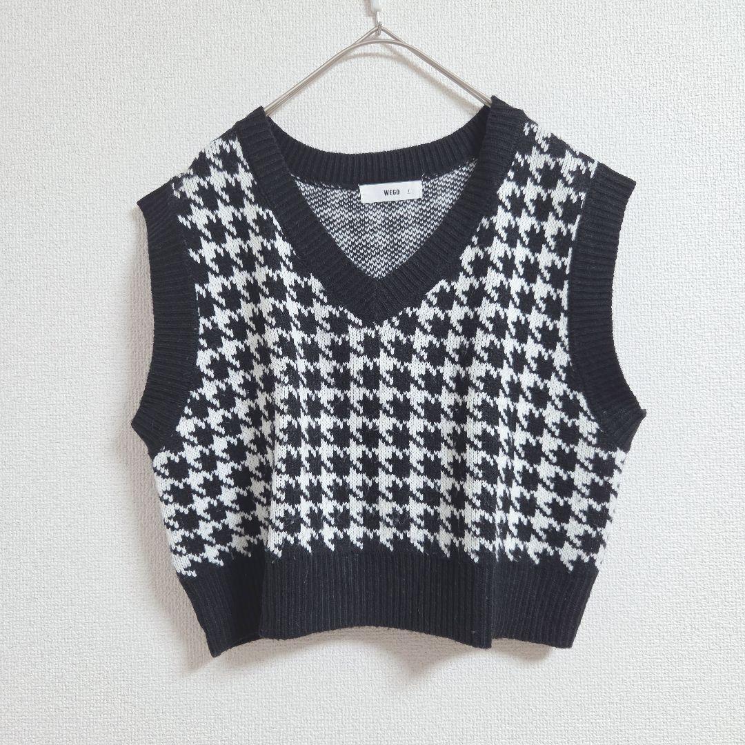 WEGO Houndstooth pattern knit vest monotone V neck size F