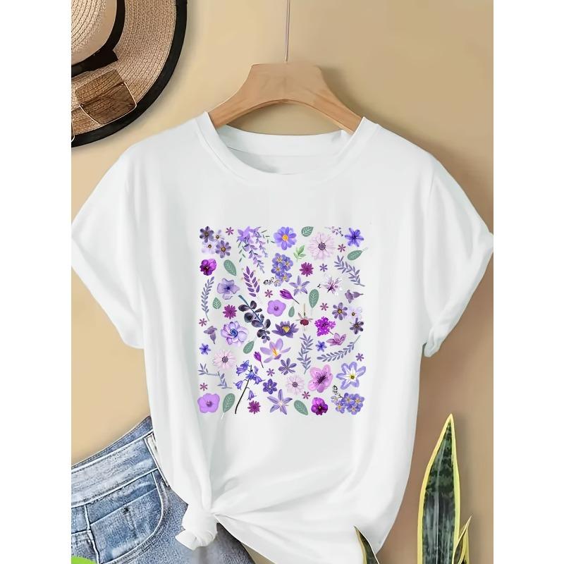 European sizes Women's Floral Print T-Shirt - Short Sleeve Crew Neck Casual Top with Vibrant Multicolor Flowers on Black, Breathable& Machine Washable