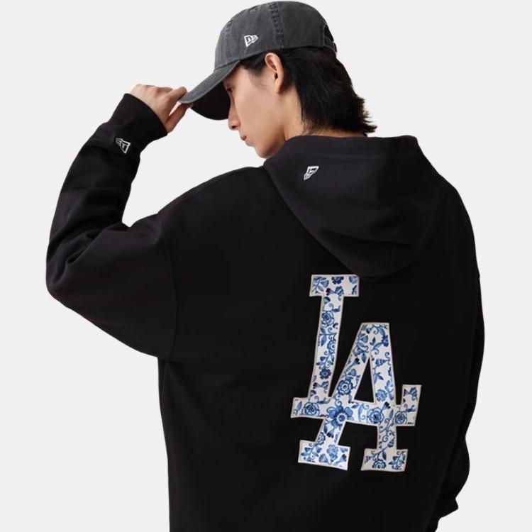 New Era Blue And White Porcelain Series MLB Los Angeles Dodgers Loose Fit Graphic Print Drawstring Hoodie Unisex Hoodies Black 14385193