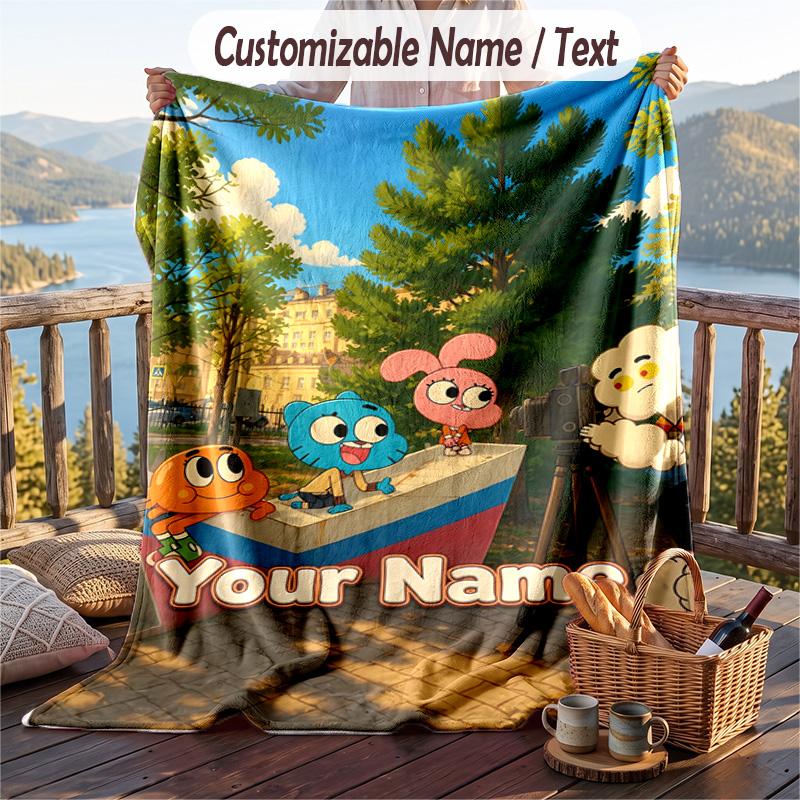 Amazing World of Gumball Flannel Blanket, Personalized Custom Name Text, Soft Warm Plush Throw Blanket For Gift