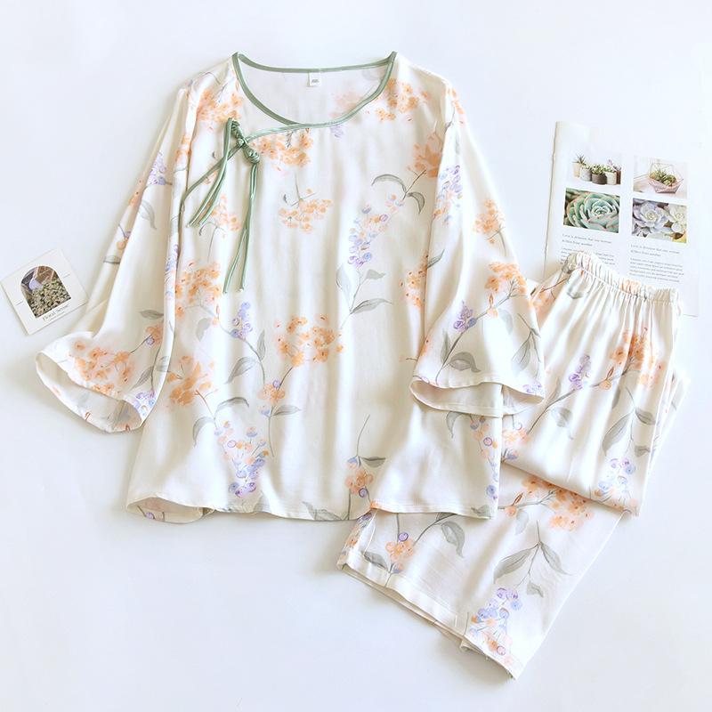 

Новая весна/лето женская пижама из вискозного хлопка, китайский комплект из двух предметов с пуговицами и тонким принтом XXL