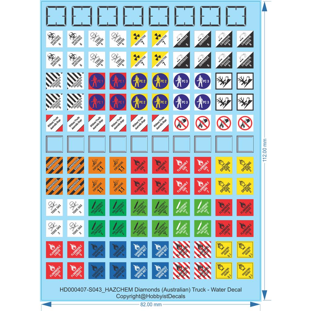HAZCHEM Diamonds (Australian) Truck - 1/14 1/16 1/25 1/32 1/43 1/50- Water Decal - Waterslide, 1/14
