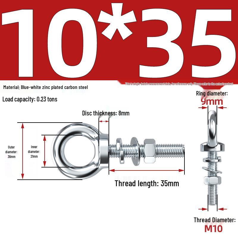 Marine Grade Zinc-Plated Hardened Carbon Steel Lifting Eye Bolt with Nut, Round Ring, Extended Thread, M6 M8 M20