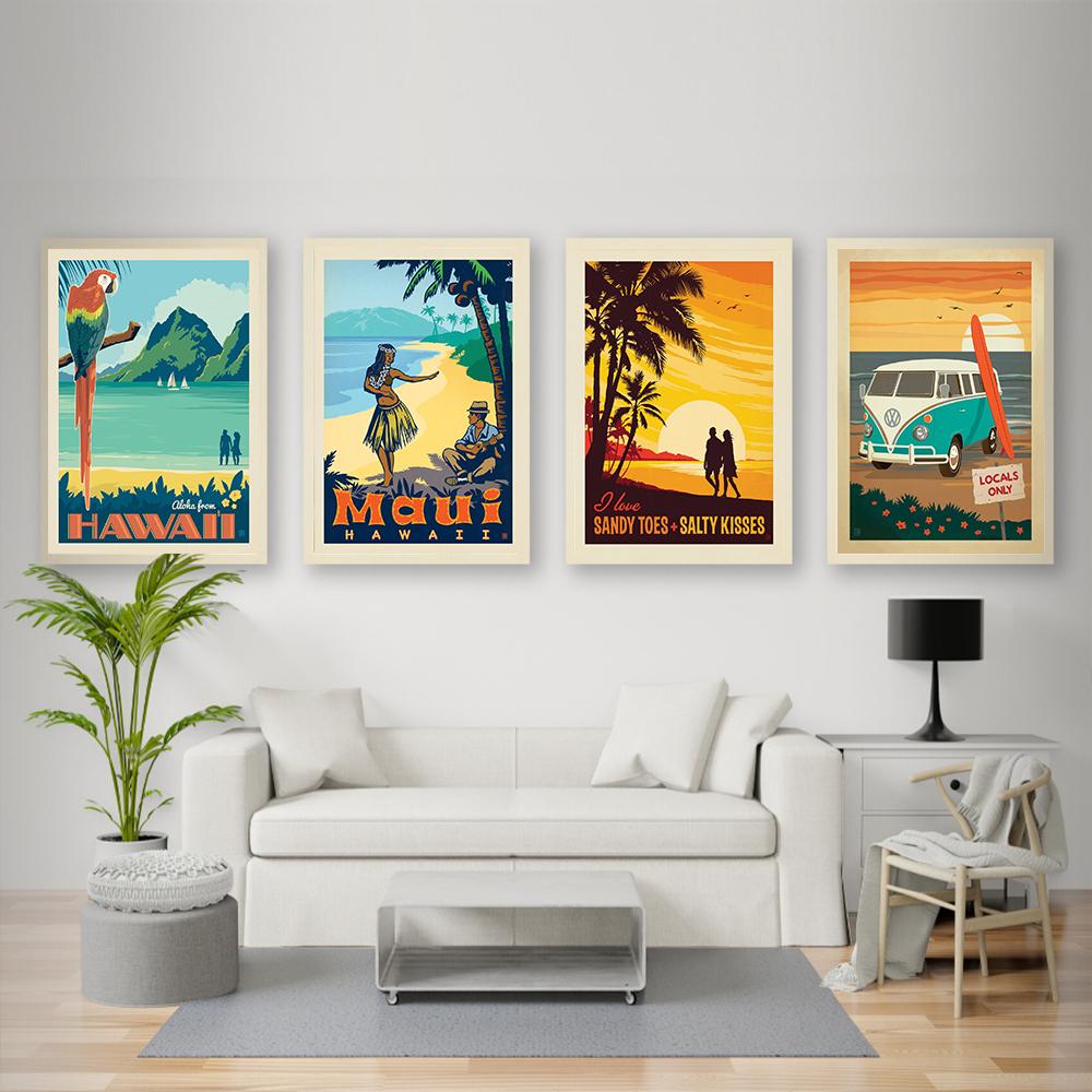 Tableau Sur Toile Affiche De Voyage De Style Rétro Ou Un Autocollant Etats Unis Coucher De Soleil A Hawaii Et Palmiers