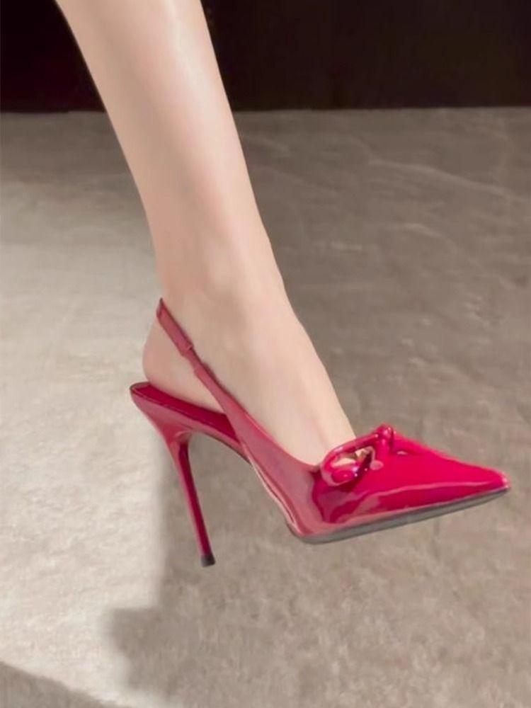 Retro fashion back strap bag head high heel sandals niche bow red pointed single shoes women's 2025 autumn new