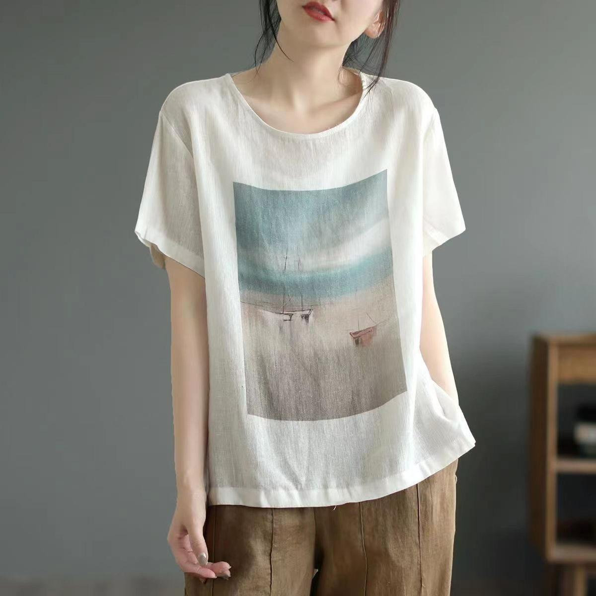 Хлопково-льняная футболка с коротким рукавом Женская Ретро Принт Льняная Тонкая Футболка Литературная Свободная Большого Размера Летний Топ S