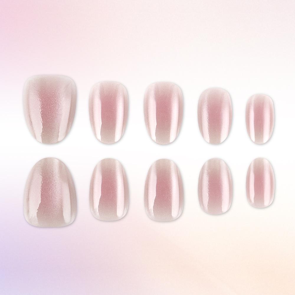 Pink Blush Cat Eye Short Oval Press-On Nails, 32 Pieces – Enhances Skin Tone with Solid Color and High-Class Feel, Perfect for Daily Wear.