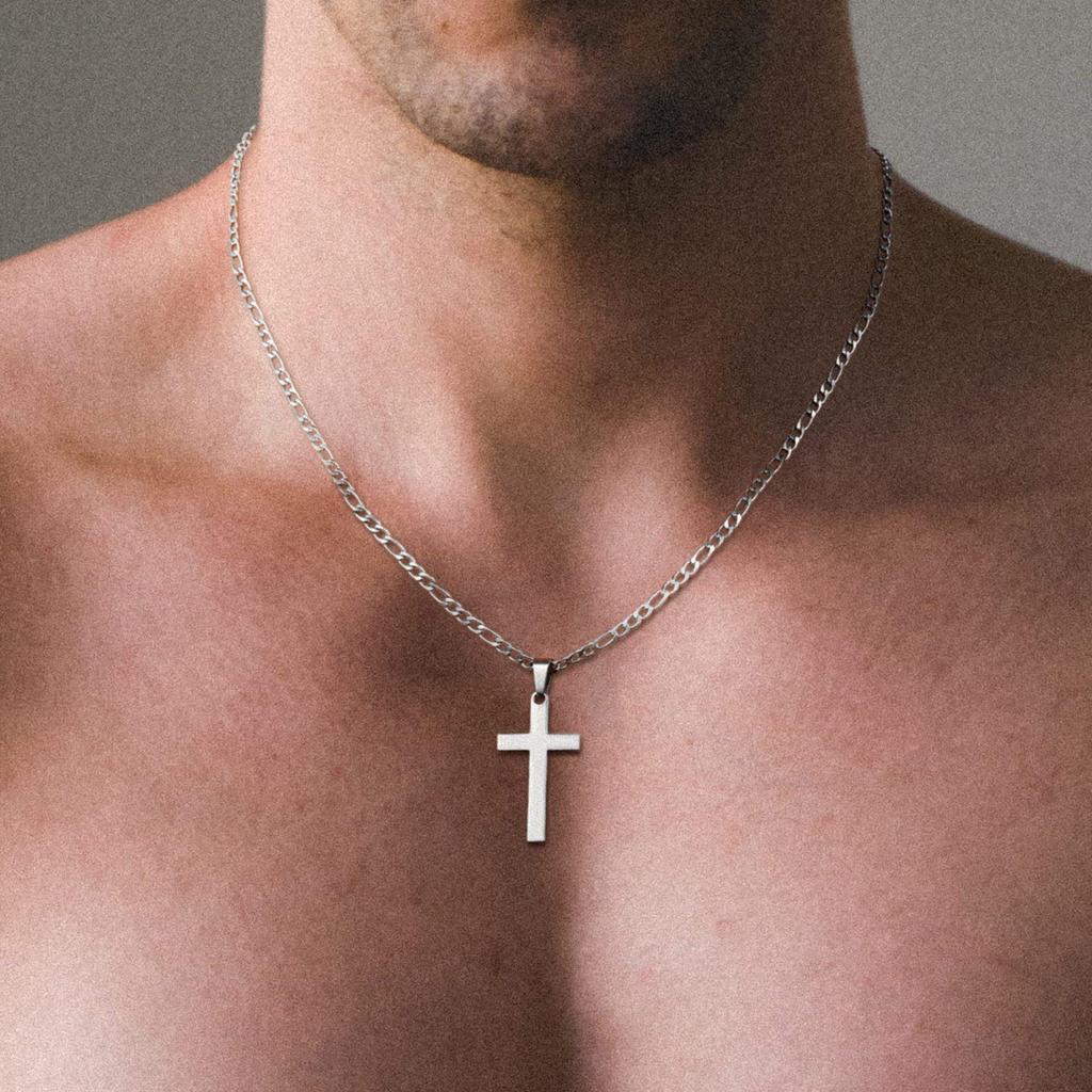 18k Gold Stainless Steel Men's Figaro Chain Necklace with Black, Silver, and Gold Cross Pendants