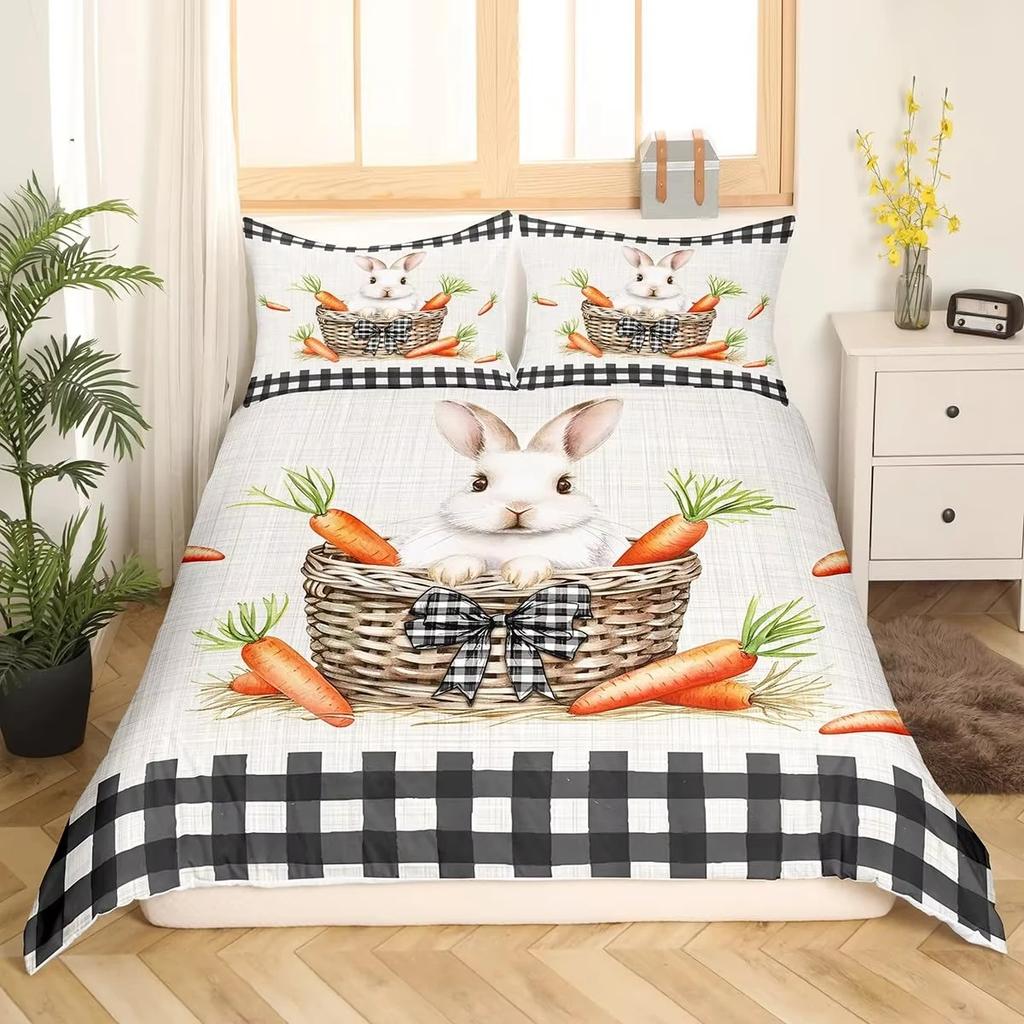 Easter Decor Rabbit Duvet Cover Colorful Flowers Bedding Set Girls Kids Room Kawaii Decor Easter Gifts Comforter Cover 2/3 Pcs
