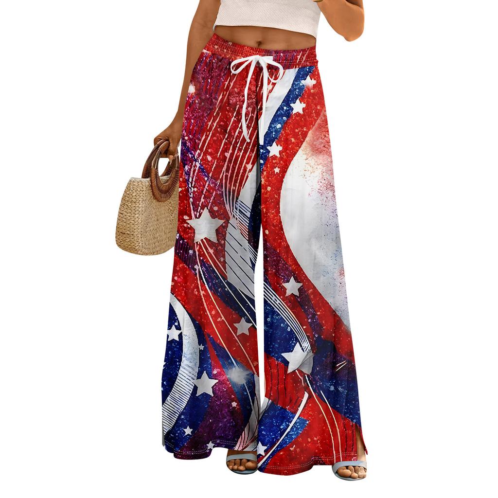 Women Summer Boho Palazzo Pants High Waist Wide Leg Independence Printing Casual Trousers With Pockets