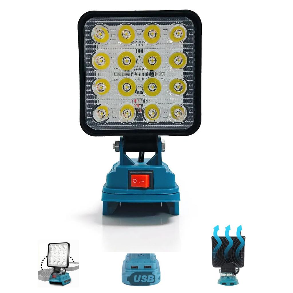 Rechargeable LED Floodlight, Cordless Work Light, Compatible with 14.4V18V, IP66 Waterproof, 4000LM, Fishing Light, Dual Output Charging Ports, Ideal