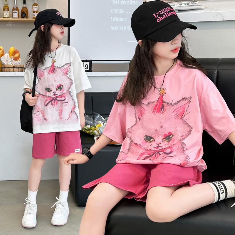 Girls' Summer Casual Set New Korean Style Fashionable Loose Girls' Summer Short Sleeved Shorts Set