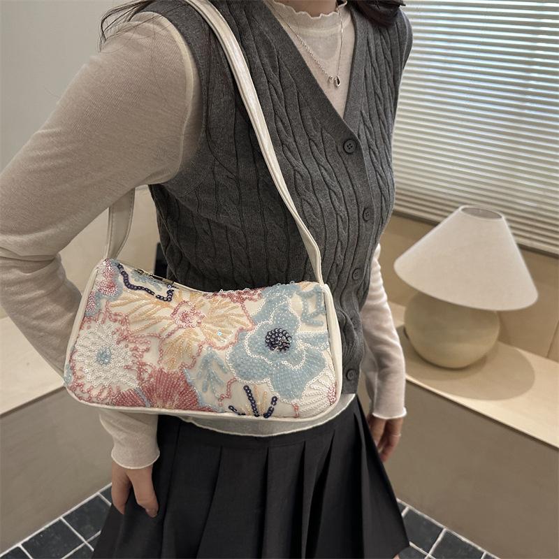 Yogodlns Boho Floral Sequin Shoulder Bag, Women's Vintage Embroidered Hobo Purse Casual Armpit Handbag for Daily Use