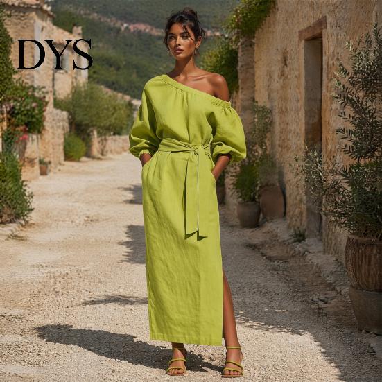 Daily Wear Dress Women One Shoulder Long Dress, Solid Color Tie Waist Side Split Everyday Dresses Casual Party Sleeve Maxi for Summer Office