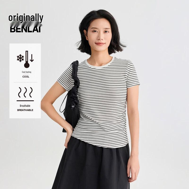 BENLAI Women s Cooling Shirred Striped Slim Fit Short Sleeve T-Shirt XL