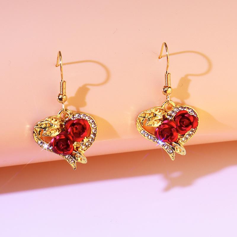 Heart-Shaped Rose Earrings & Necklace Set - Women's European & American Fashion Jewelry