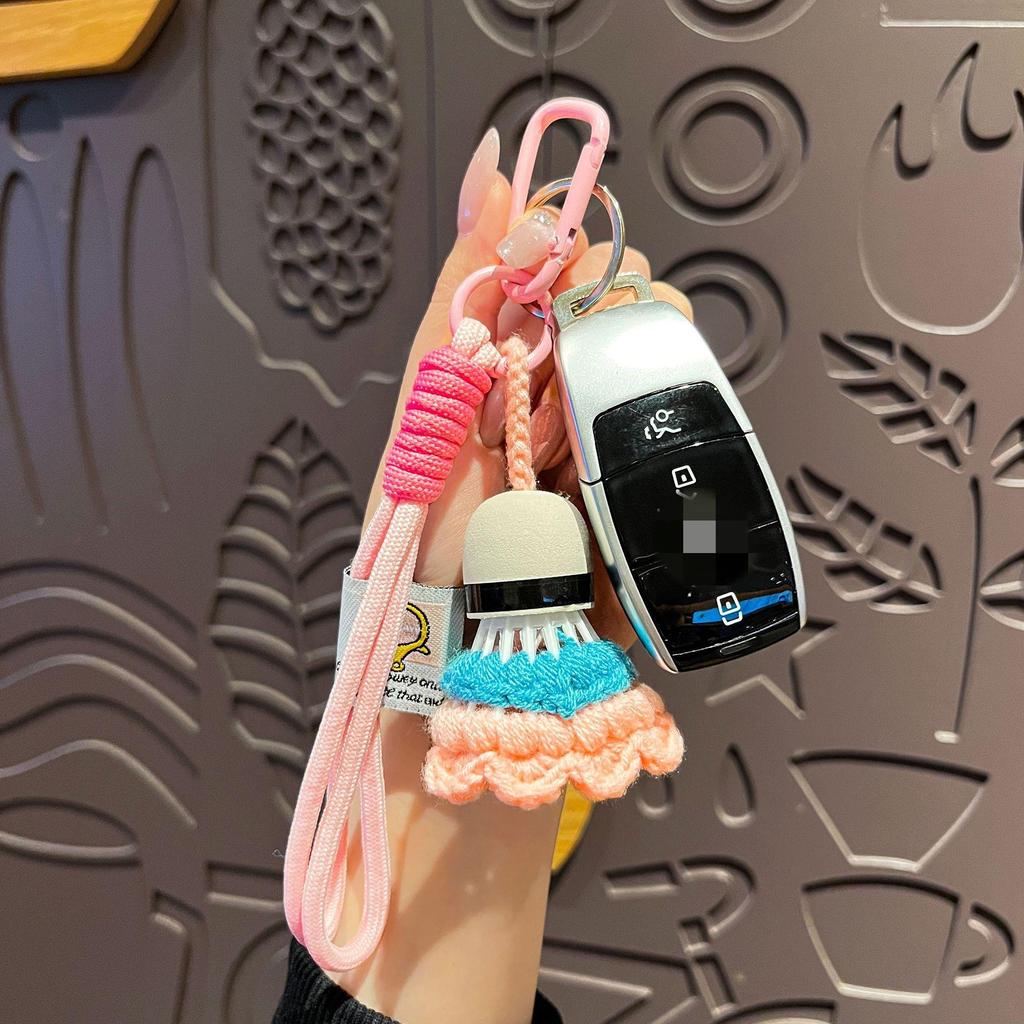 Cute Crochet Badminton Keychain, Handmade Shuttlecock Bag Charm with Braided Rope Clip