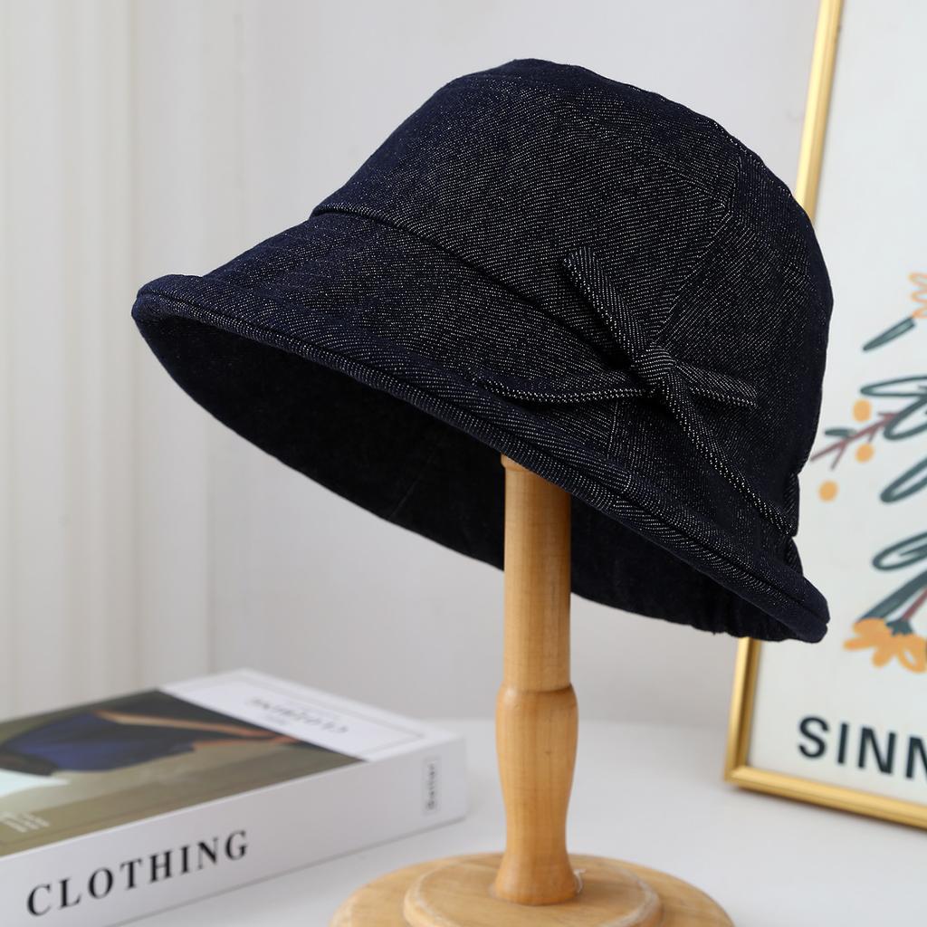 Rolled Brim Bowknot Bucket Hat Women Vintage Denim Foldable Sun Hat For Spring/Autumn Winter Bucket Cap Retro Casual New