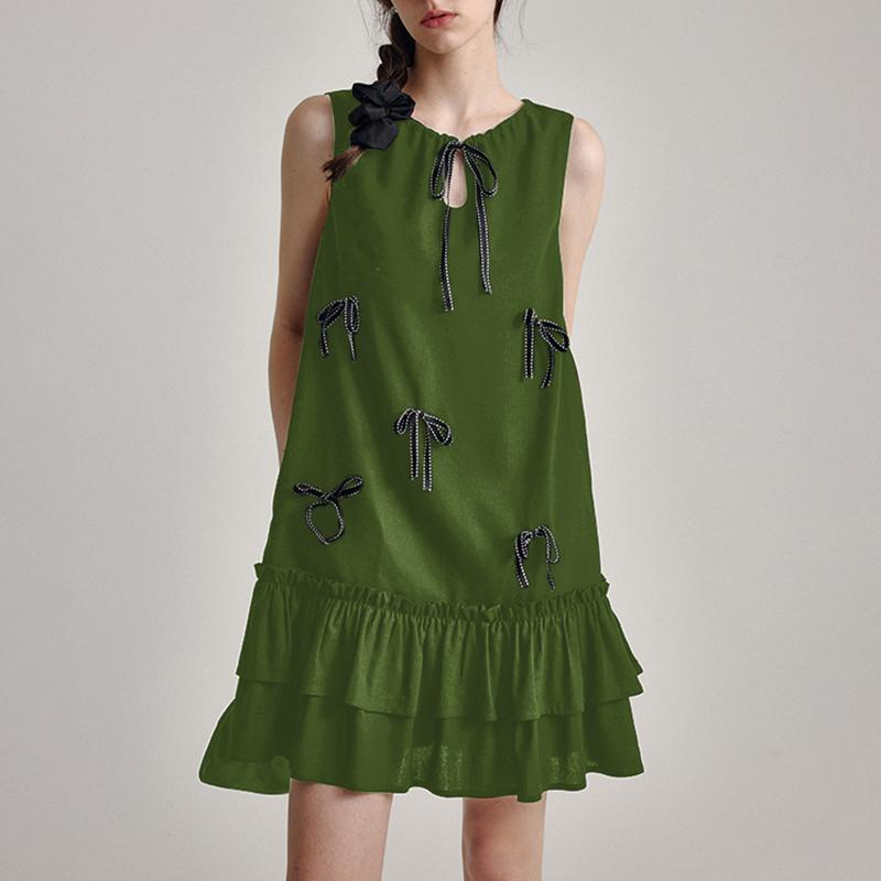 

VONDA Summer Women Sleeveless Ruffled Bow Knot Casual Pleated Dress 5XL зелёный