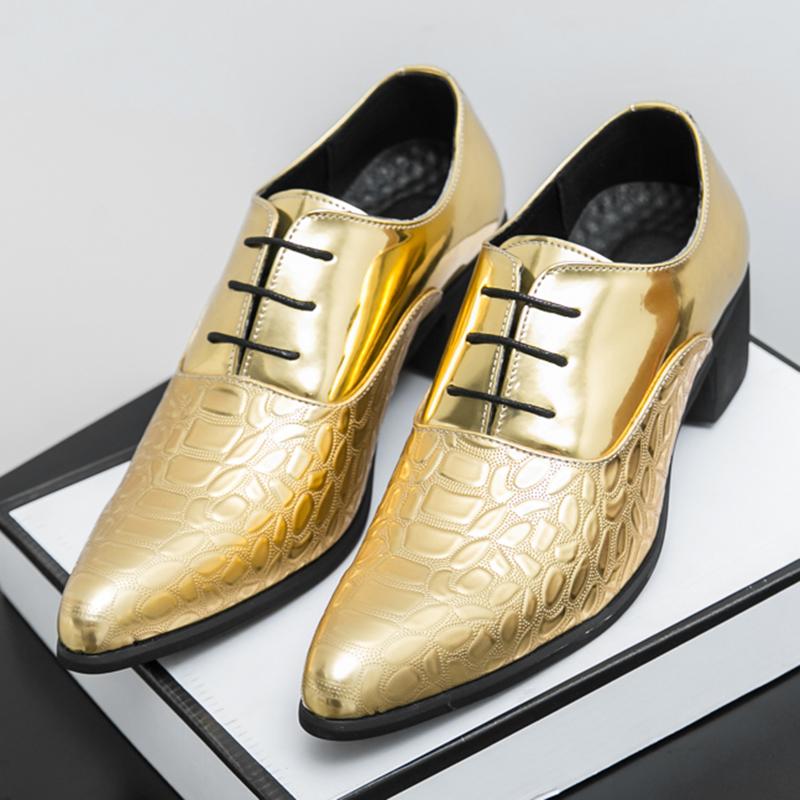 Luxury Designer New Men Pointed Gold Blue Wedding Glossy Leather Shoes Male Oxfords Casual Formal Dress Footwear Zapatos Hombre