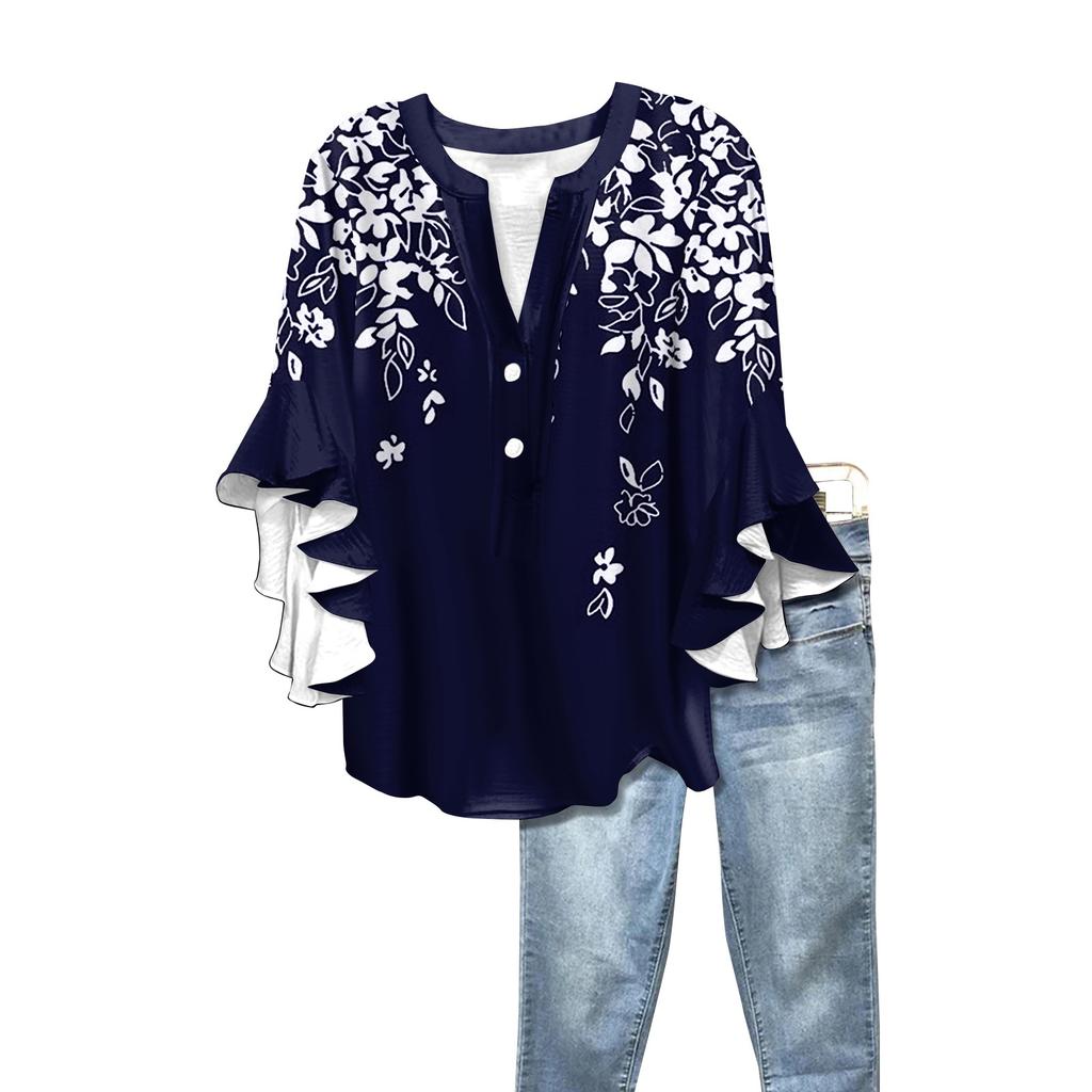 Summer Women's Tops V-Neck Seven Sleeve Shirt Spring Summer Floral Printed Tops Casual Shirt