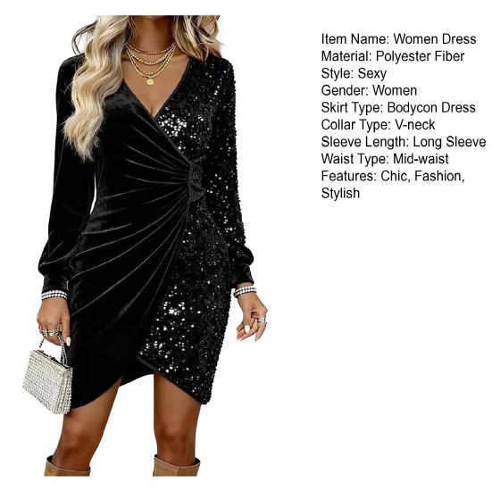Dámské sametové mini šaty s flitry a zavinovacím efektem, dlouhý rukáv, výstřih do V, řasené, přiléhavé, třpytivé, na párty, koktejl, do klubu