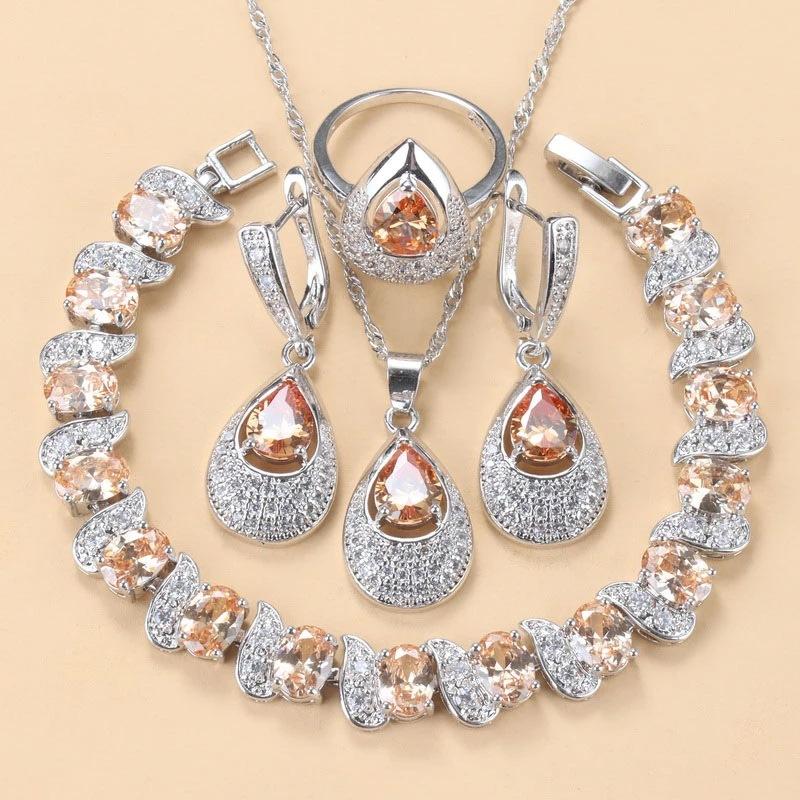 

Серьги-подвески с синим сапфиром, ожерелье и кольцо, женский комплект No.10