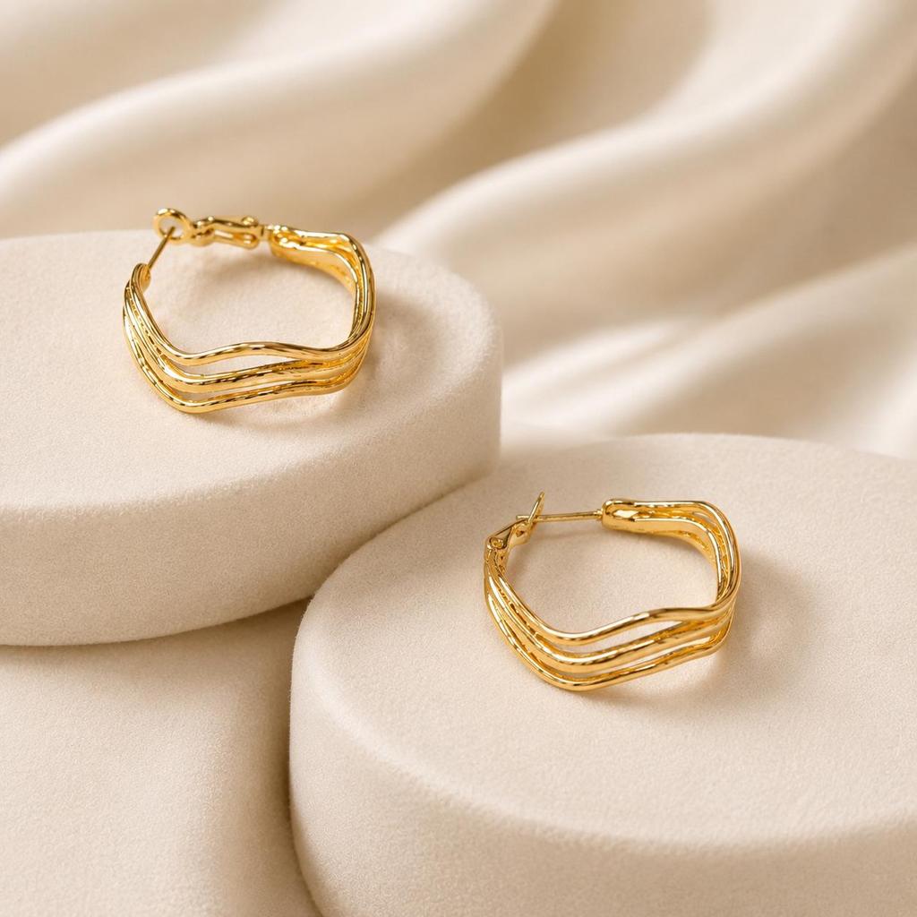 Personalized Luxury Ripple Gold Hoops: Three-Layer Stainless Steel Earrings