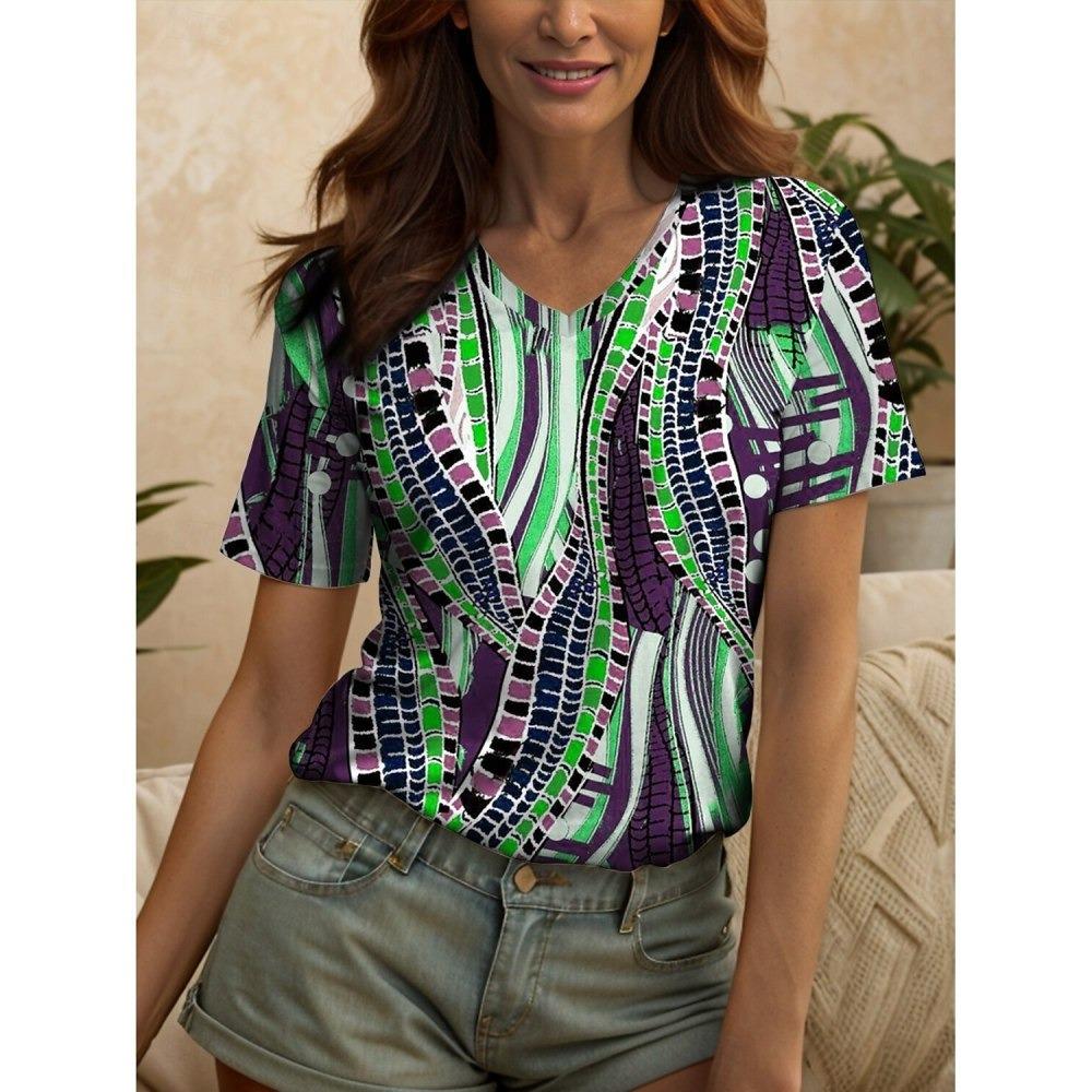 Summer Gradient Graphic Blouse V-neck Fashion Women's Retro Clothing Floral Print T-shirt Loose T-shirt