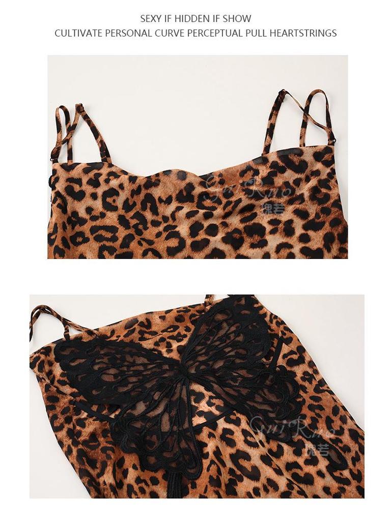 Leopard Print See-Through Nightgown: Sexy Butterfly Spaghetti Strap Loungewear Set for Women