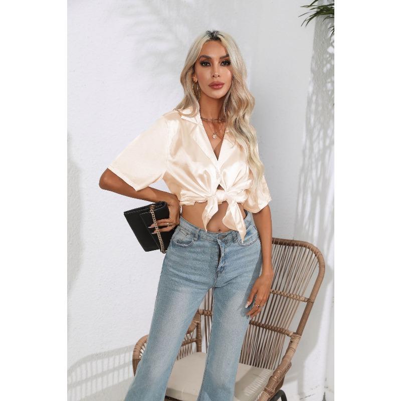 JPNTKY Women's Fashion Casual Solid Color Print Short Sleeve POLO Neck Blouses & Shirts
